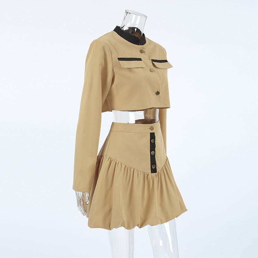 Women Fall Turndown Collar Long Sleeve Crop Top and Skirt Two-piece Set 9