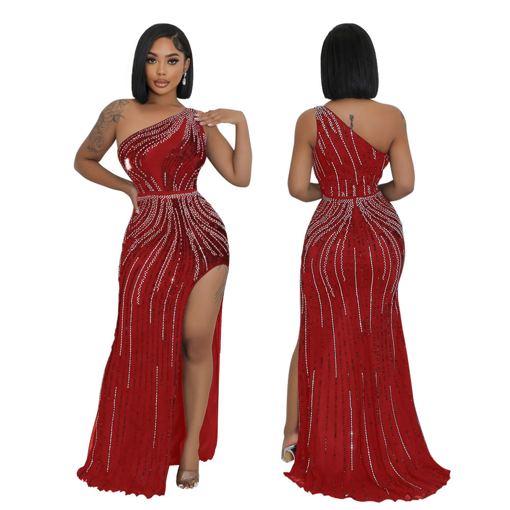 Women Sexy Slash Shoulder Beaded Slit Dress 3