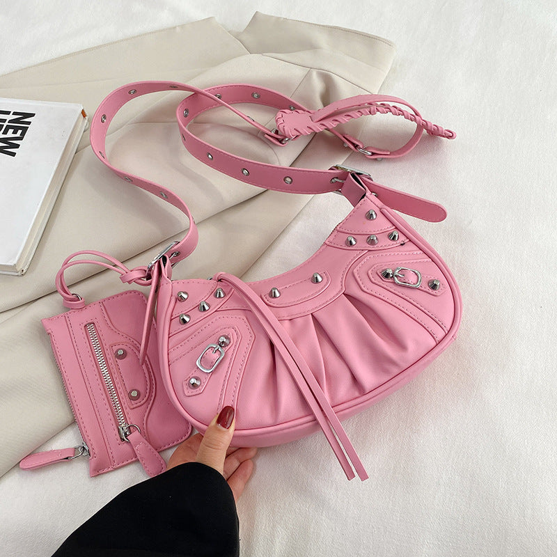 Diagonal pleated single shoulder women's retro rivet bag 9