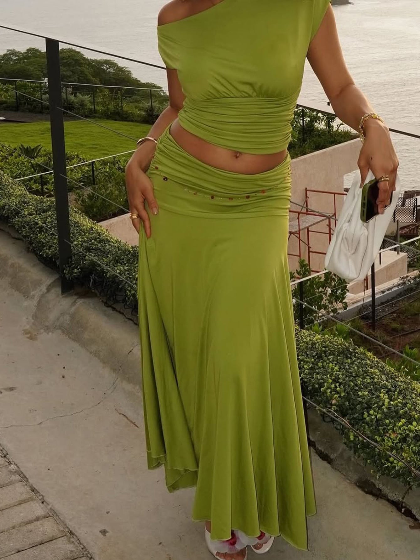 Women's Summer Slash Shoulder Ruffled Long Dress Top Fashion Slim Fit Skirt Set 5