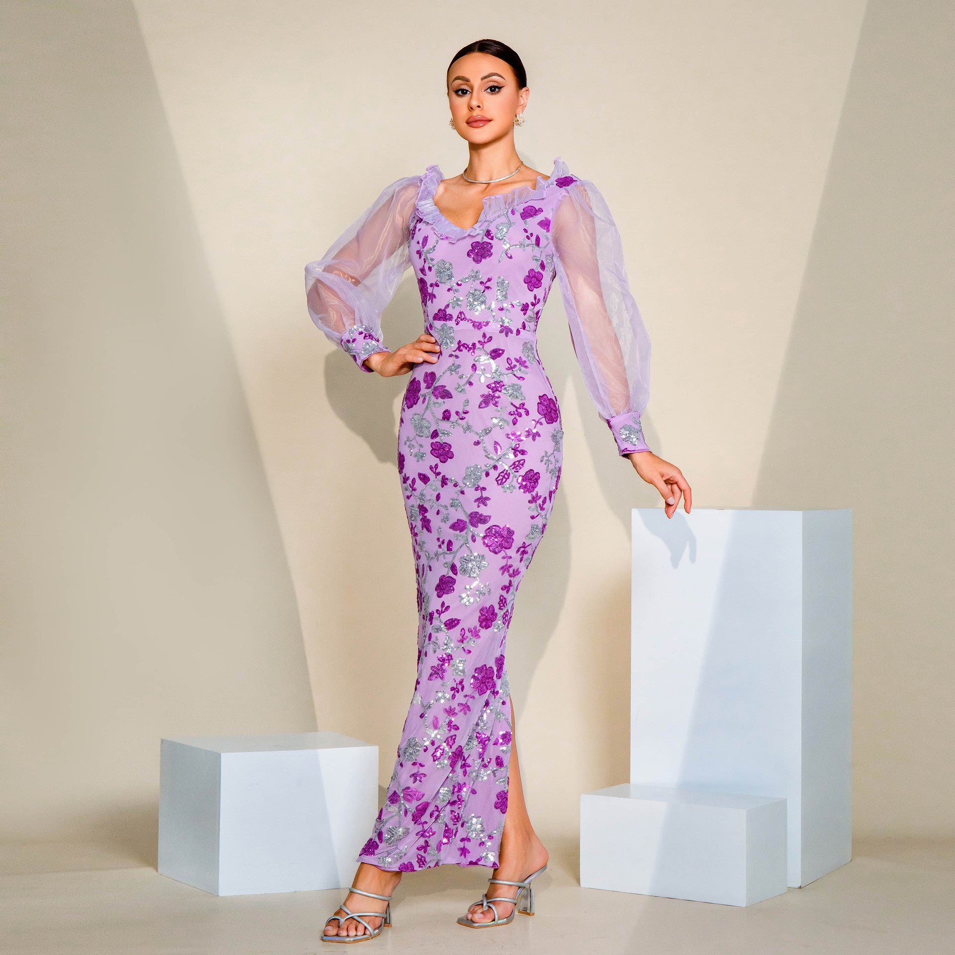 Long Sleeve V Neck Sexy Hollow Sequin Formal Party Evening Dress Bridesmaid Dress 6