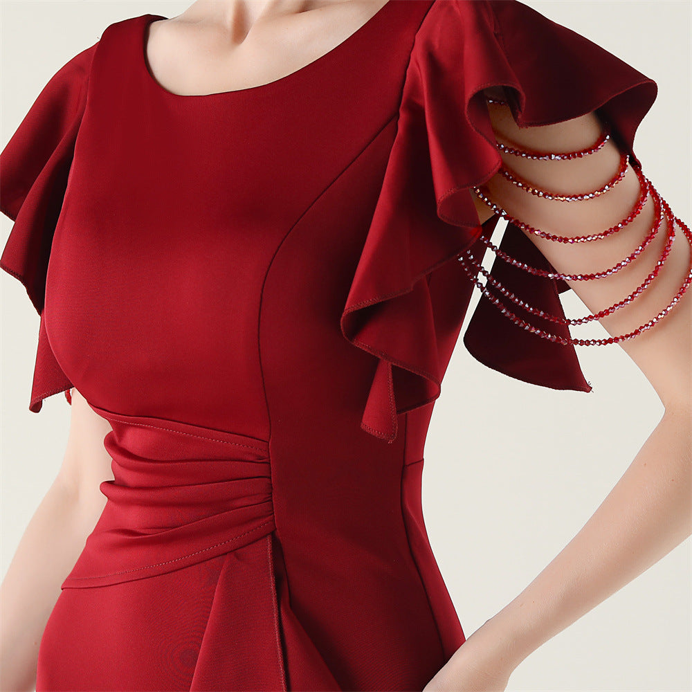 Women beaded tube V neck ruffle draped bead chain bead formal party evening dress 22