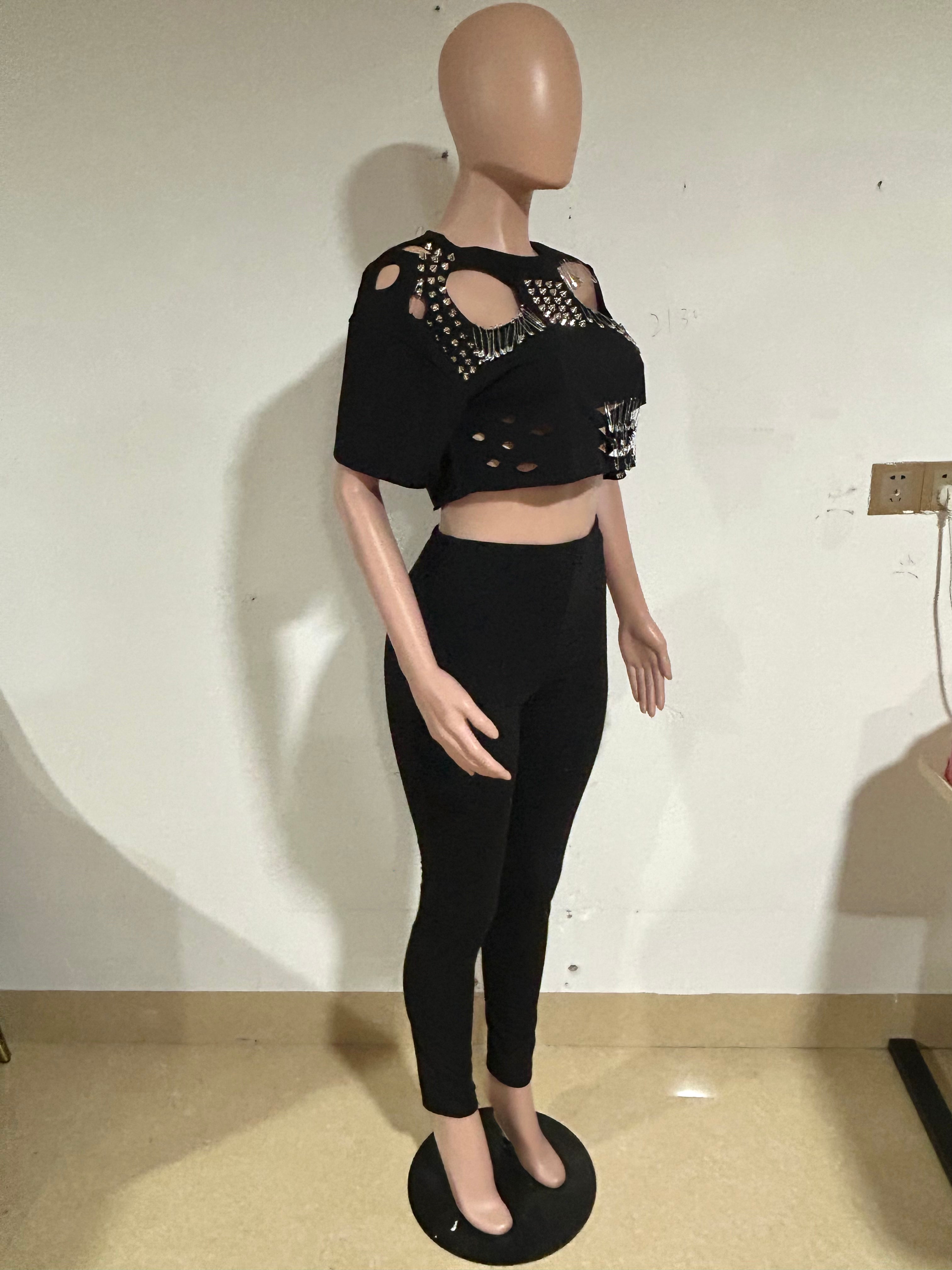 Spring/Summer Casual Ripped Pin Short Sleeve T-Shirt Pants Set 8