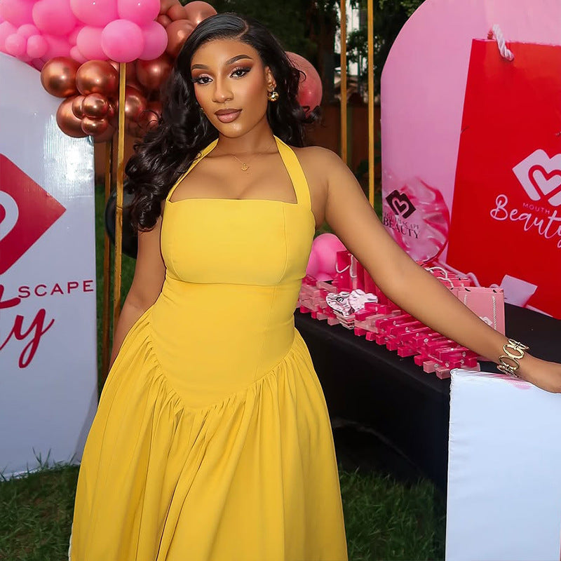 Women Career Pleated Halter Neck Sleeveless Solid Maxi Dress 5