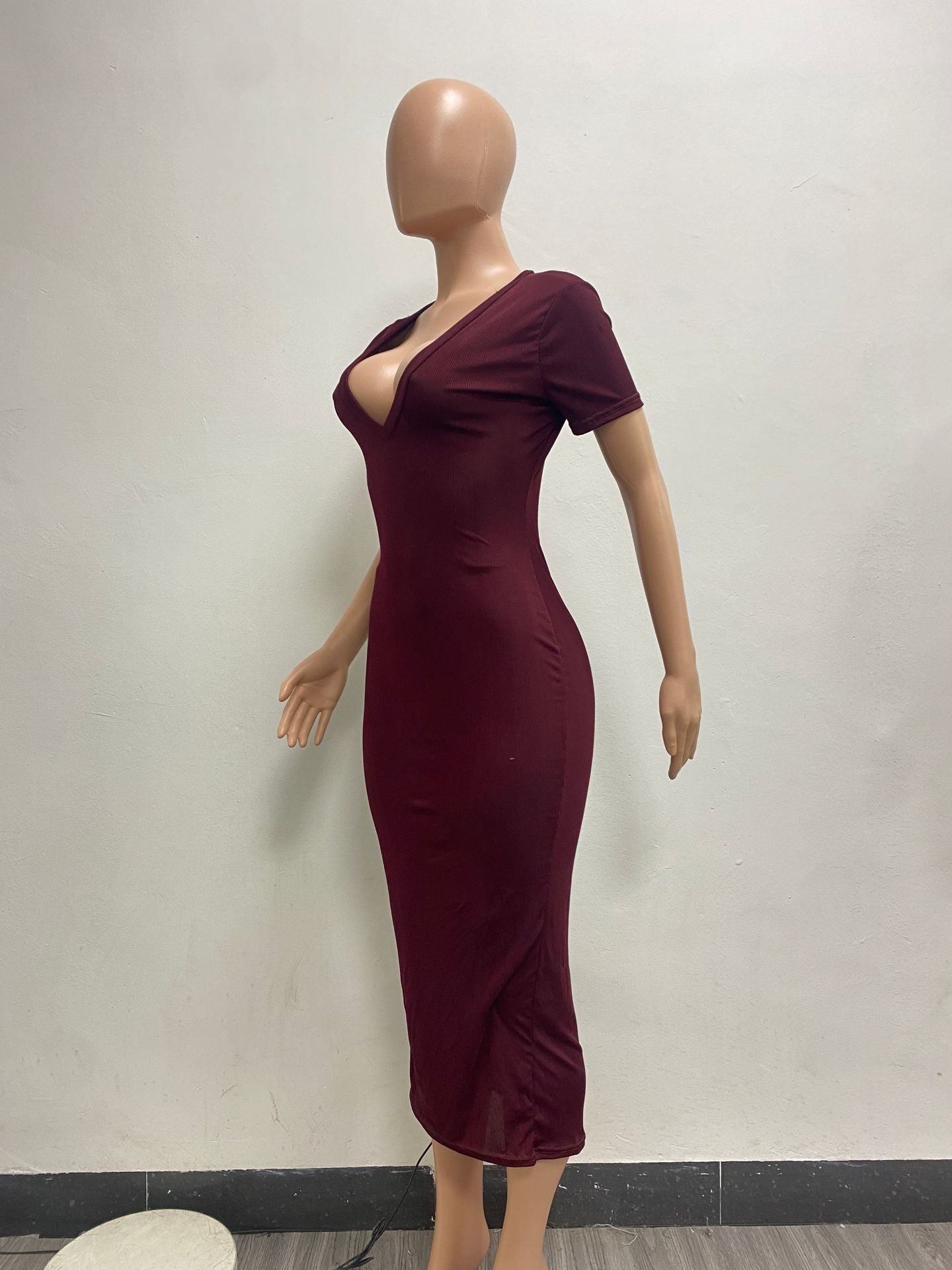 Fashion Solid Color Casual Fashion Sexy Deep V Ribbed Dress 16
