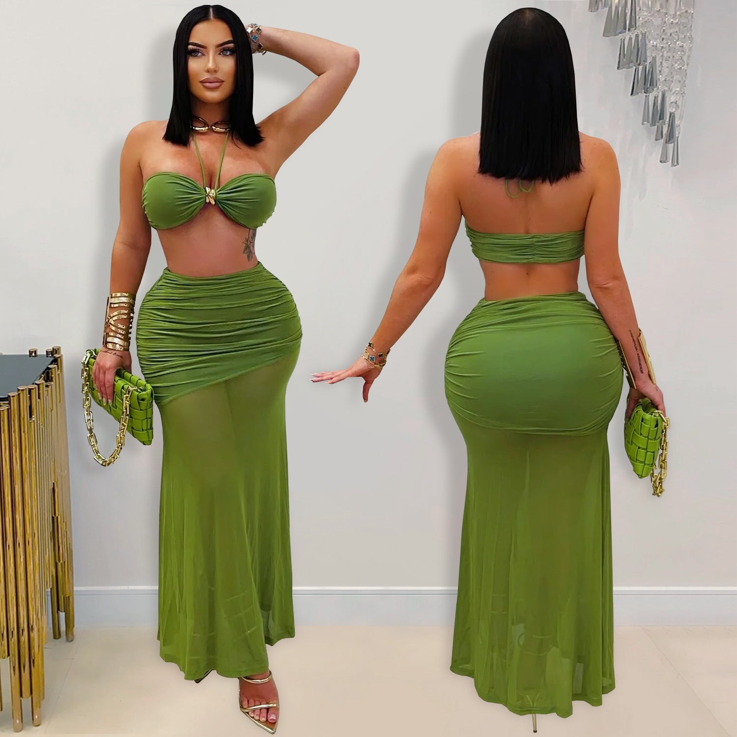 Sexy Strapless Ruched Mesh Mermaid Long Skirt Set 7