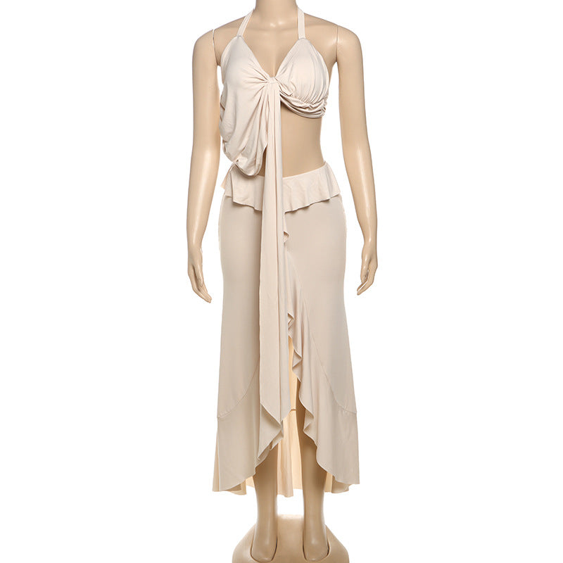 Women Summer Sexy Solid Halter Neck Lace-Up Tank Top and Split Skirt Two-piece Set 6