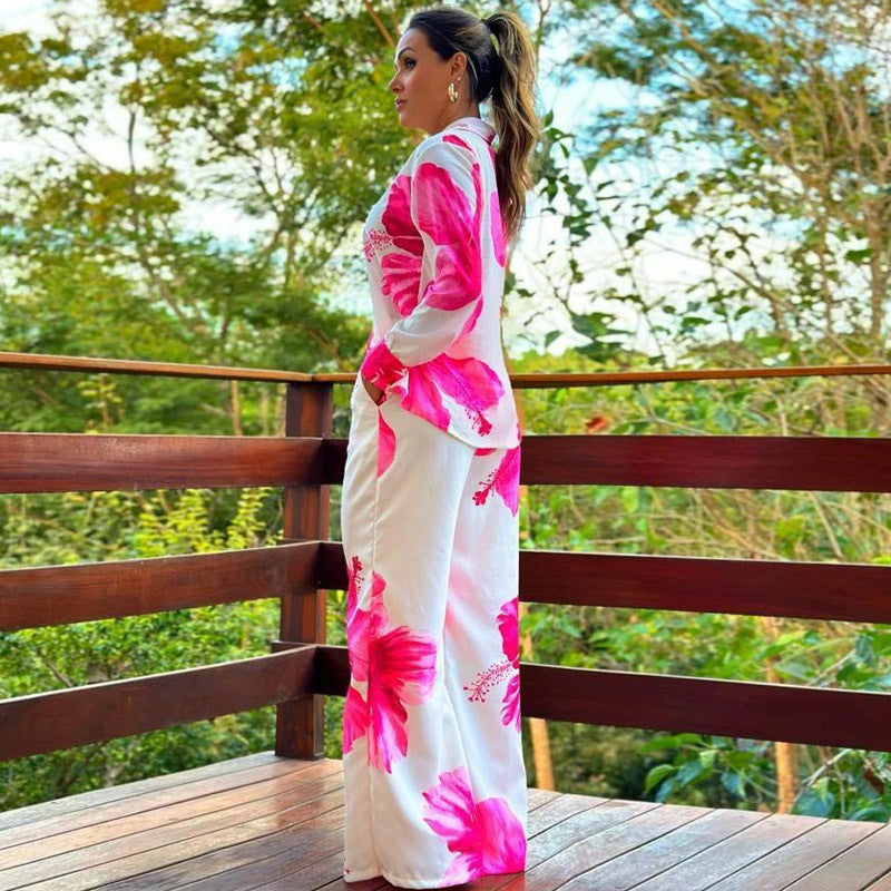 Women printed shirt and wide-leg pants Casual two-piece set 6