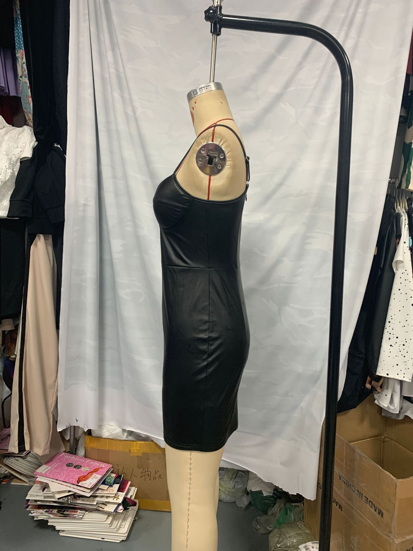 Black Lace Patchwork Pu Leather Tight Fitting Sexy Strap Women Dress 7