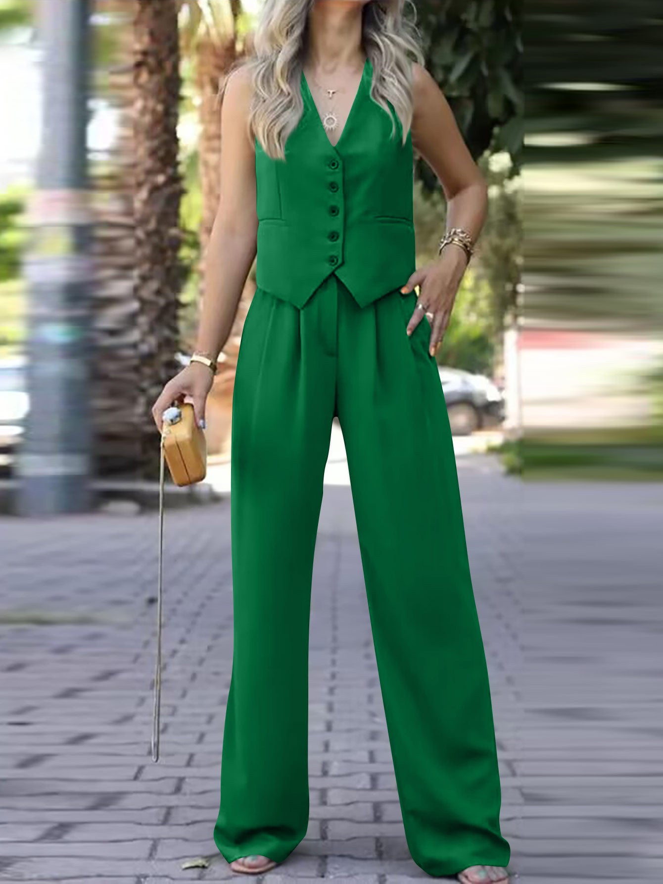 Women V-Neck Sleeveless Vest and Wide Leg Trousers Two Piece Set 13