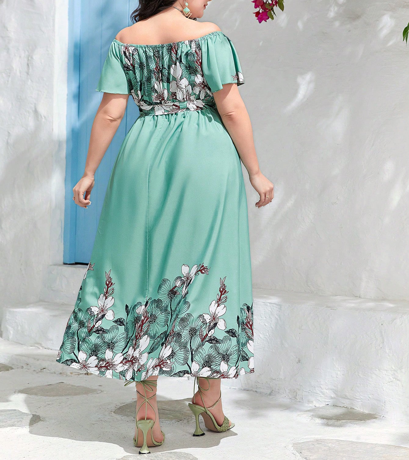 Off Shoulder Slim Waist Print A-Line Plus Size Elegant Chic Holidays Long Dress 3