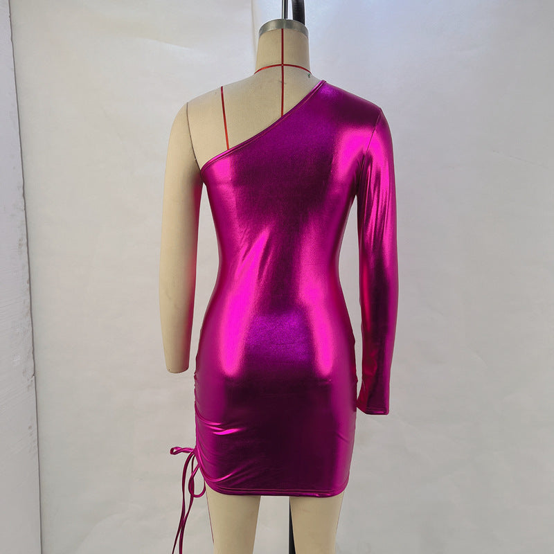 Women's Fashion Sexy Slash Neck Slim Waist Drawstring Bodycon Nightclub Dress 10