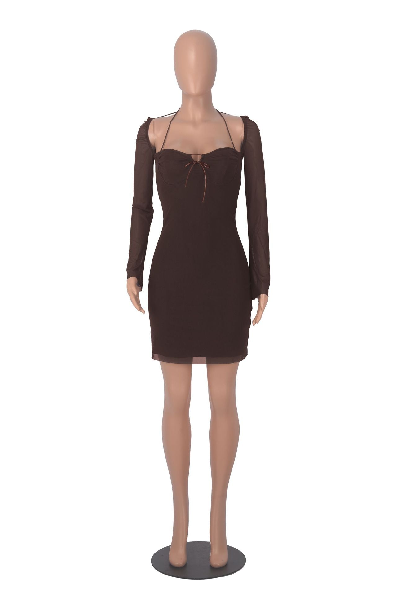 Women Long Sleeve Solid Square Neck Sexy Mini Dress 24