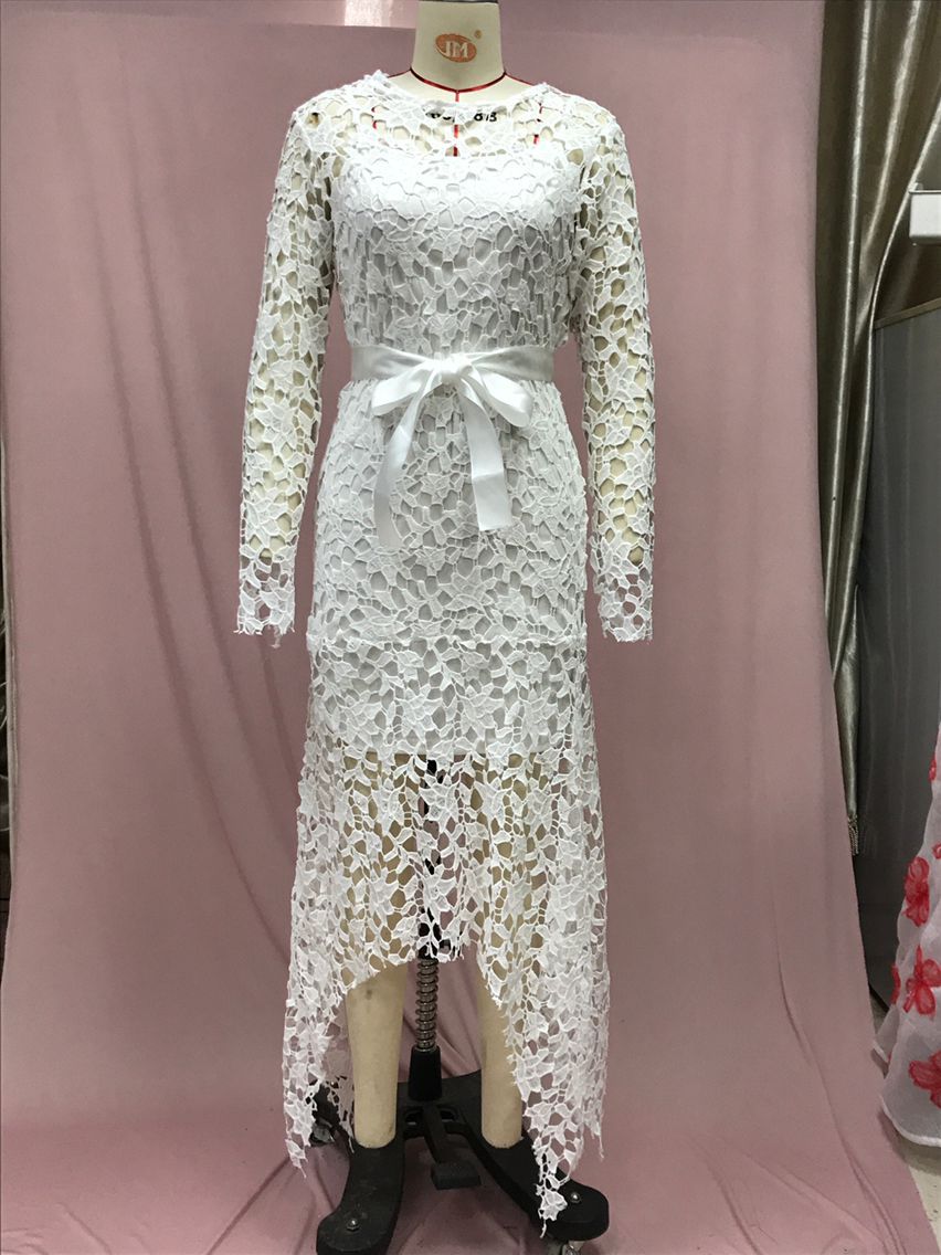 Women Lace Hollow Long Sleeve Stand Collar Lace Irregular Dress 8