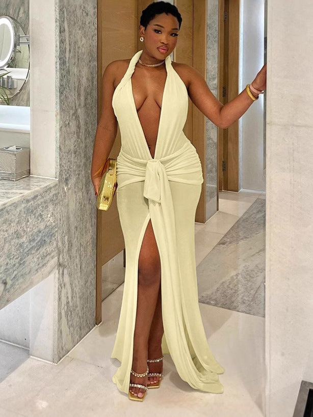 Women Sexy Backless Halter Neck V-neck Solid Slit Dress 3