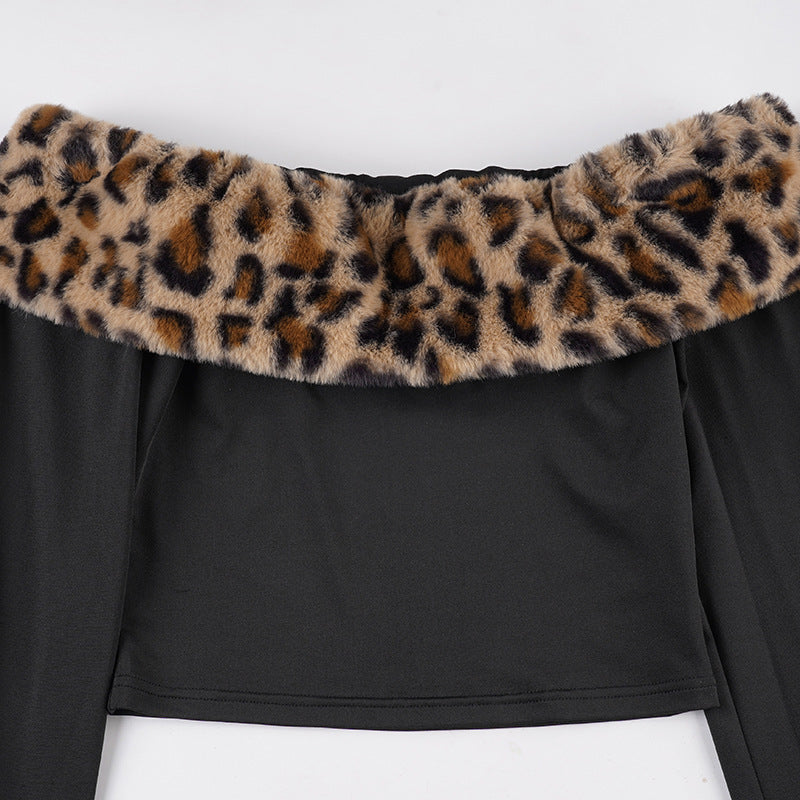 Women Leopard Print Off-Shoulder Long-Sleeved T-Shirt and Furry Shorts Two-Piece Set 19