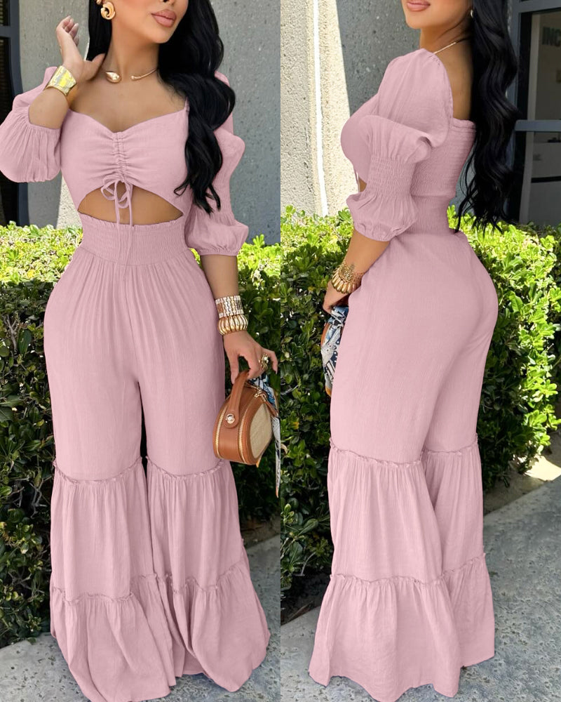 Women Square Neck Drawstring Puff Sleeve Wide Leg Jumpsuit 5