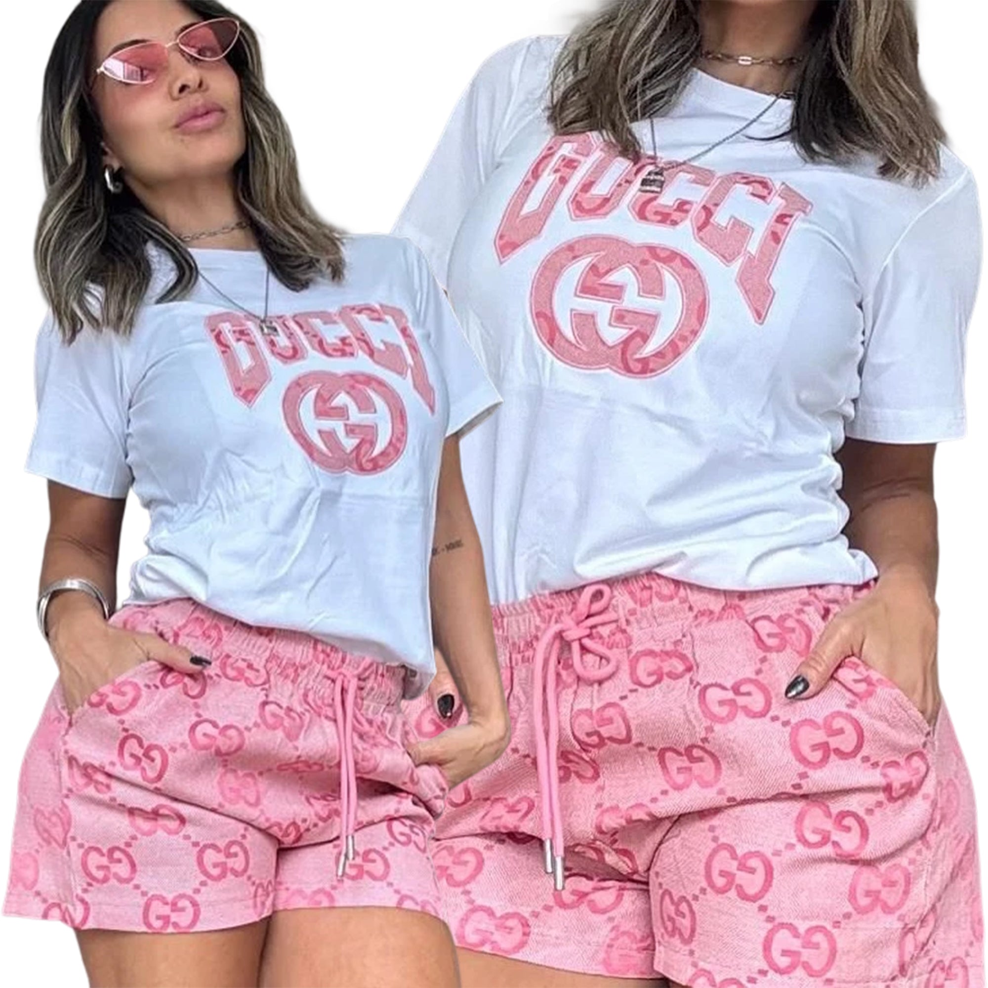 Women Summer Embroidered Printed Short Sleeve Top and Shorts Two-Piece Set 16