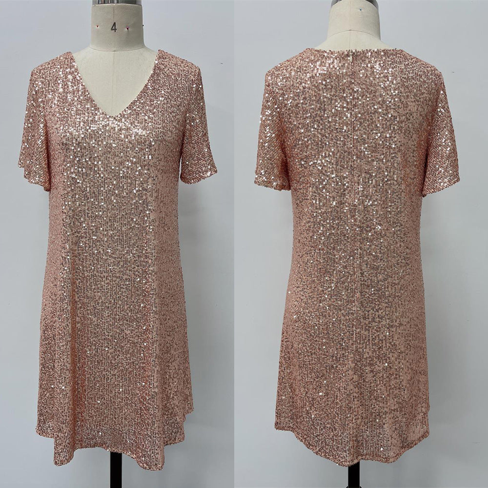 Shiny Sequin Short Sleeve V Neck Elegant Plus Size Party Dress 5