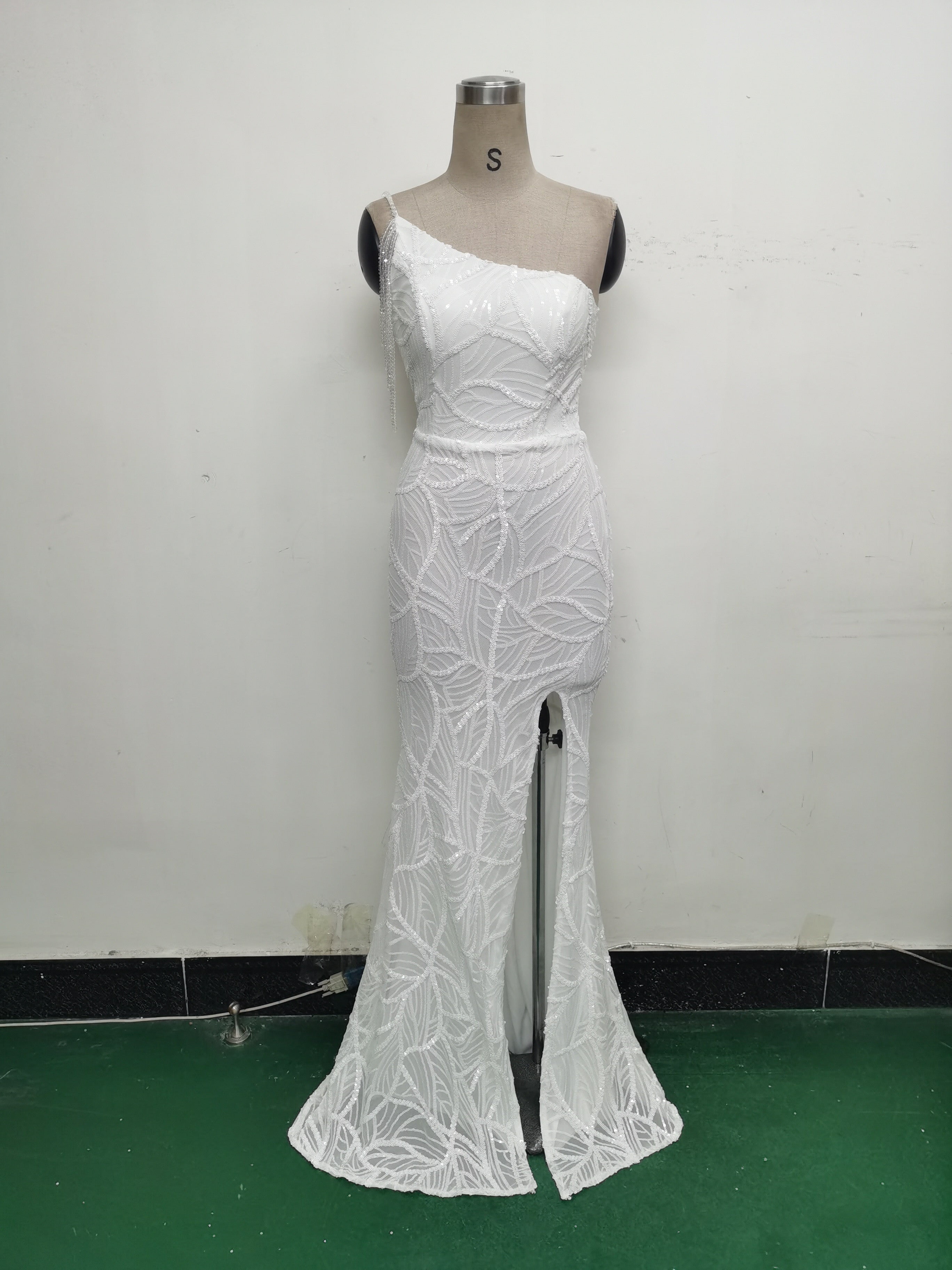 Women One Shoulder Beaded Sequin Embroidery Formal Party Prom Wedding Evening Dress 39