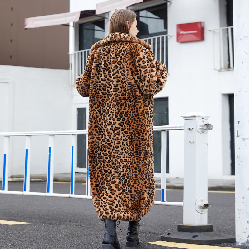 Women Leopard Turndown Collar Furry Long Coat 5