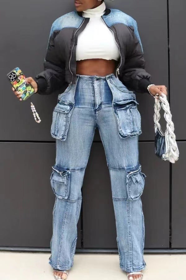 Stylish Casual Patchwork Multi-Pocket Denim Pants