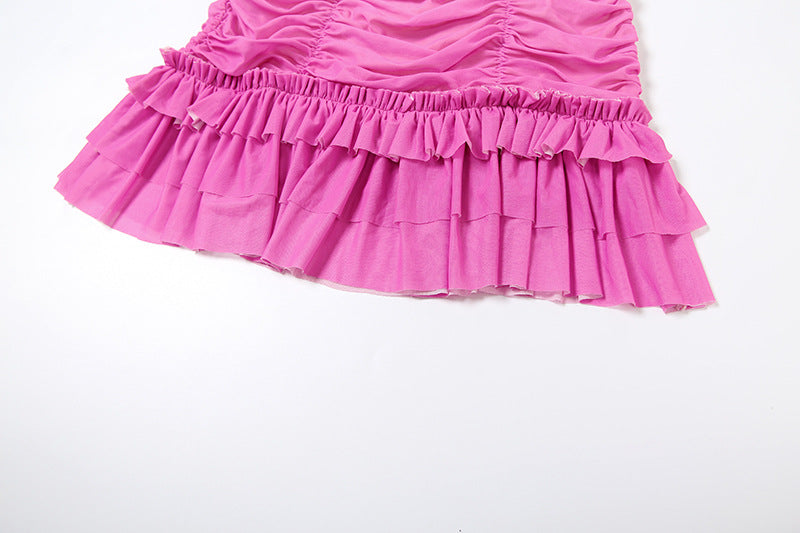 Summer Women's Mesh Patchwork Sexy Color-block Pleated Bodycon Halter Neck Dress 16