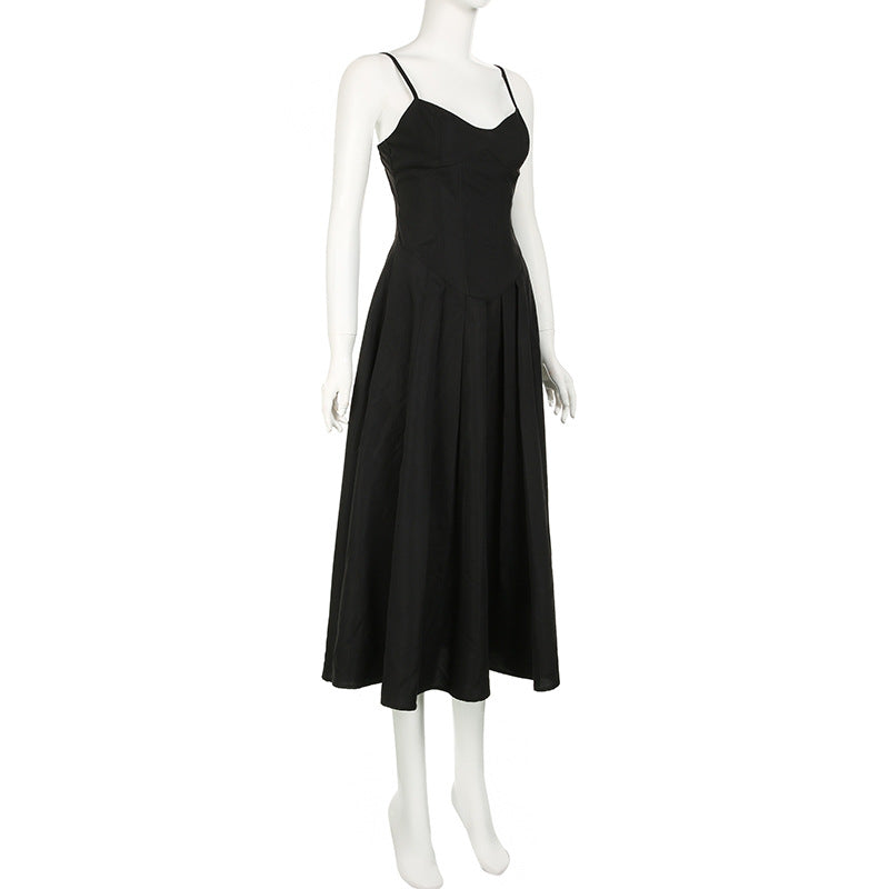 Chic Solid Color Black Strap Slim A-Line Long Dress 4
