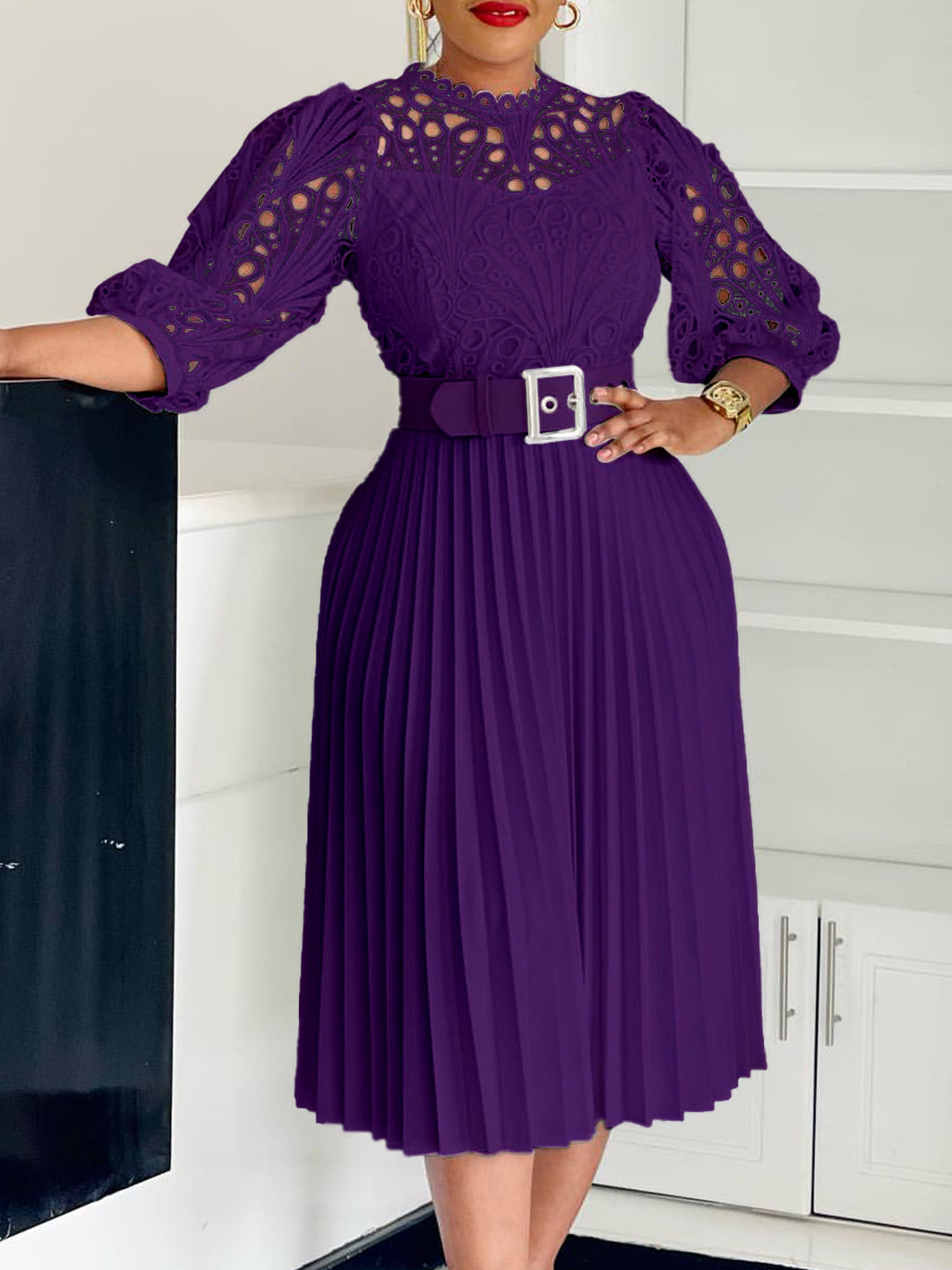 Women Solid lace hook flower hollow pleated dress 7