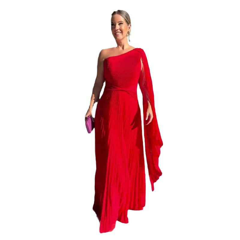 Summer Solid Color Fashion Slash Shoulder Raglan Sleeve Slim Waist Pleated Long Dress 7