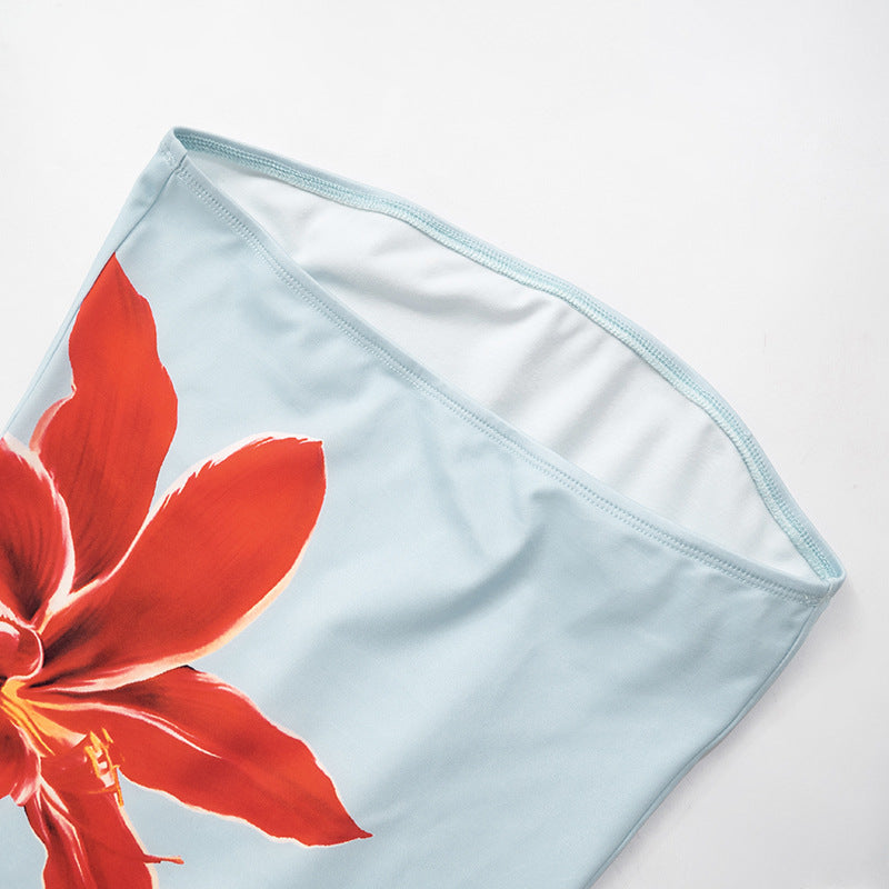 Women's Summer Casual Strapless Flower Print Slim Mini Dress 19