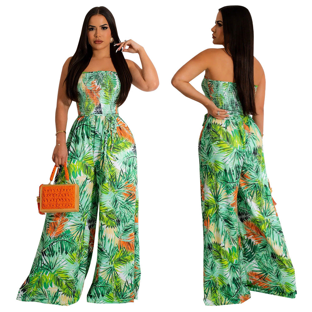 Women Sexy Sleeveless Backless Print Wide Leg Jumpsuit