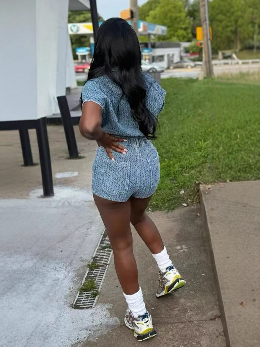 Women Summer Casual Denim Top and Shorts Two Piece Set