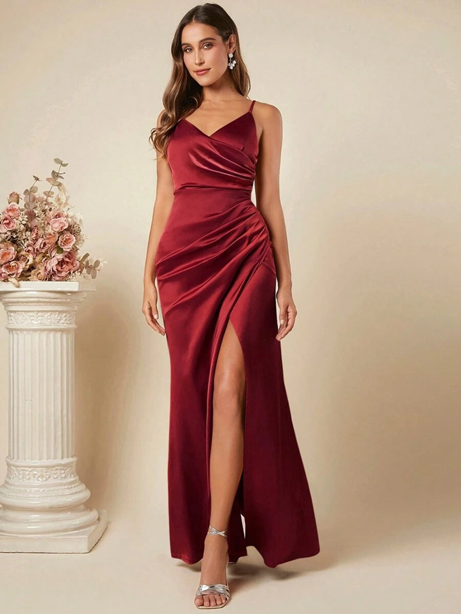 Women's Spring Summer Strap Satin Dress Sexy Pleated Bridesmaid Dress 3
