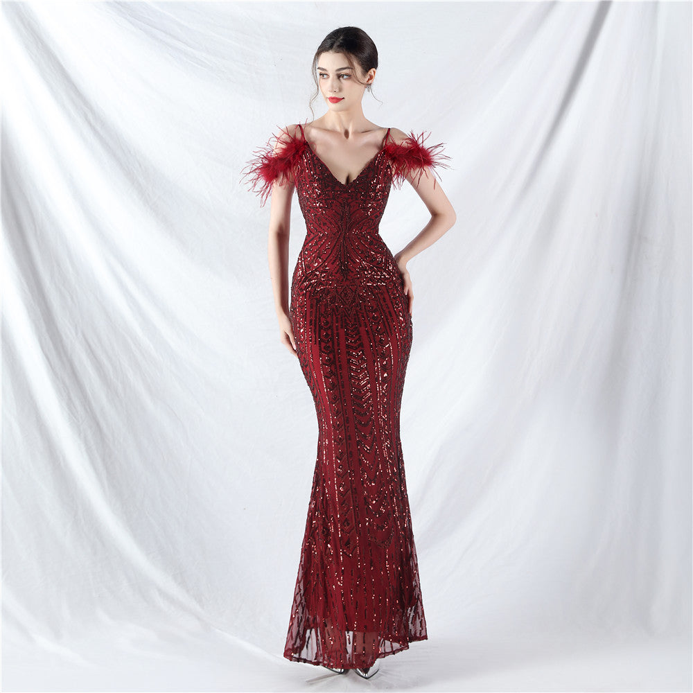Strap V-Neck Feather Formal Party Evening Dress 5