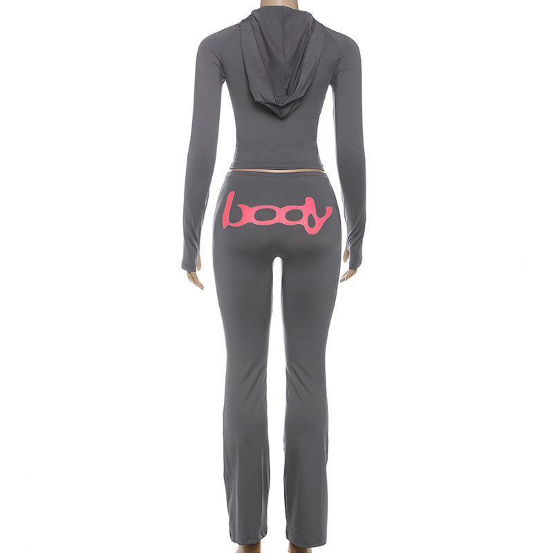 Women Fall/Winter Hooded Letter Print Zipper Top and Pants Two-Piece Set 6