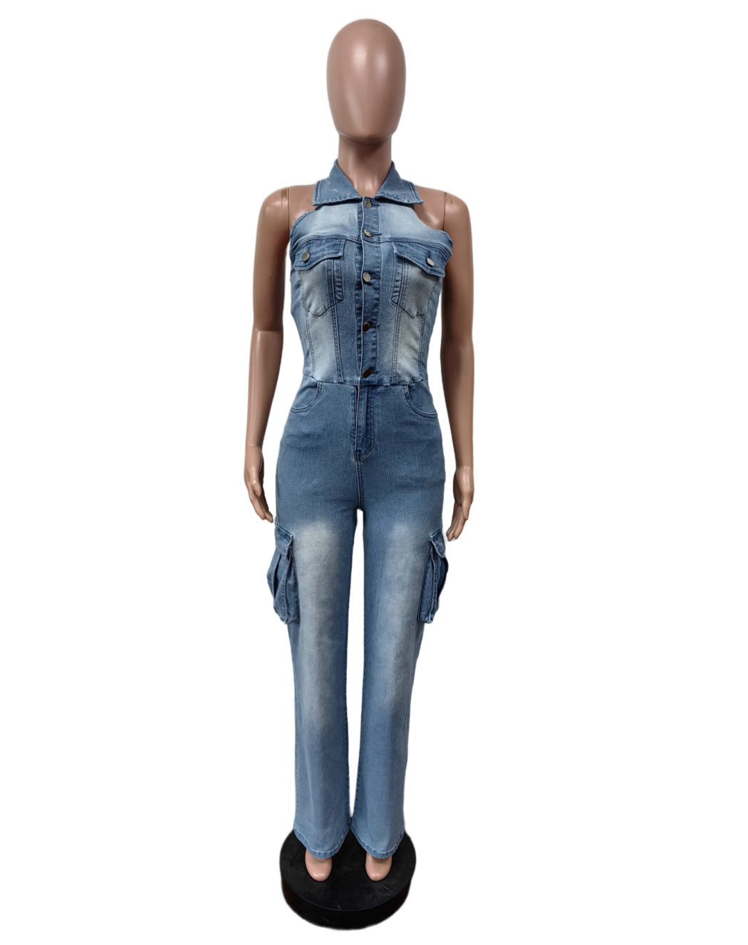 Women Elastic Washed Denim Jumpsuit 7