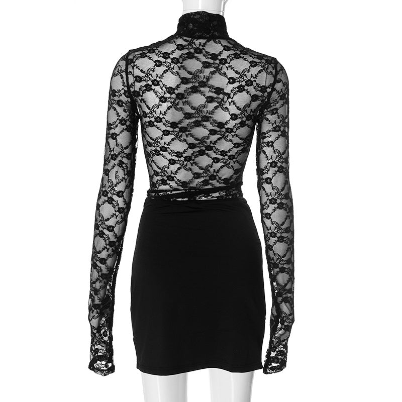 Women Solid Lace See-Through Long Sleeve Top and Skirt Two-piece Set 10