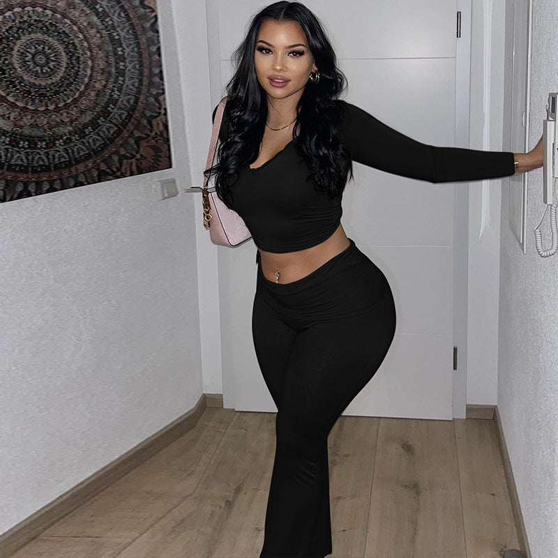 Women's Spring Fashion V-Neck Crop Top Slim Solid Color Tight Pants Two Piece Set 7