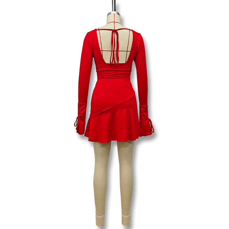 Women autumn deep v long sleeve sexy lace Backless Bodycon dress 19