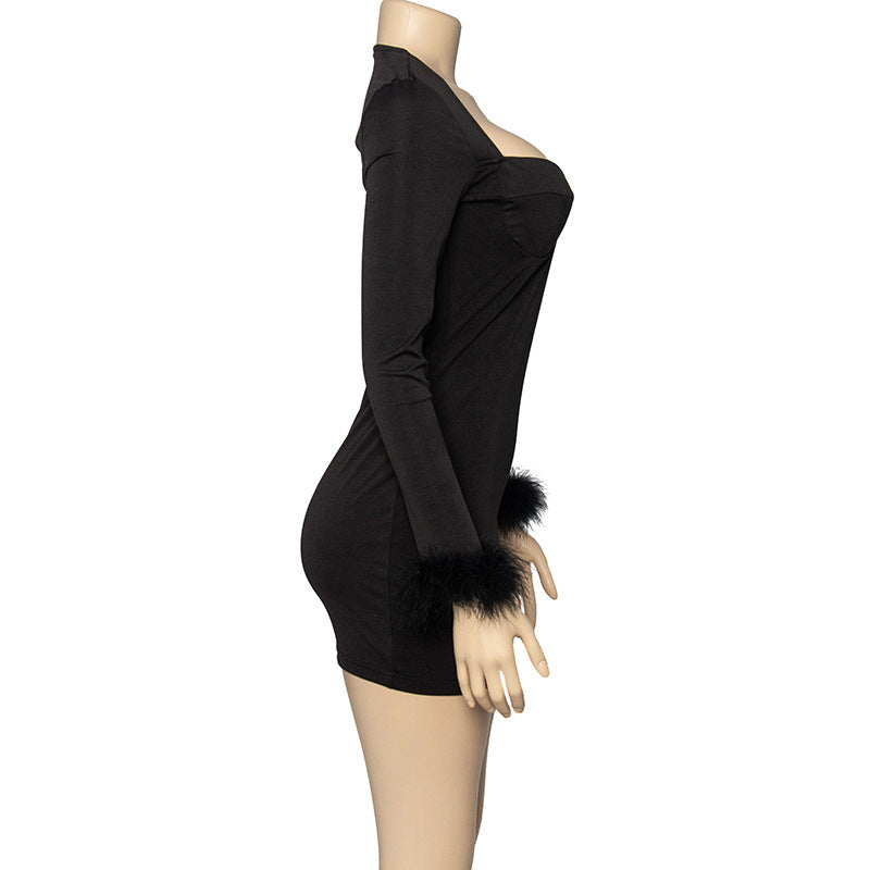 Autumn Solid Color Low Cut Feather Patchwork Long Sleeve Bodycon Dress 13