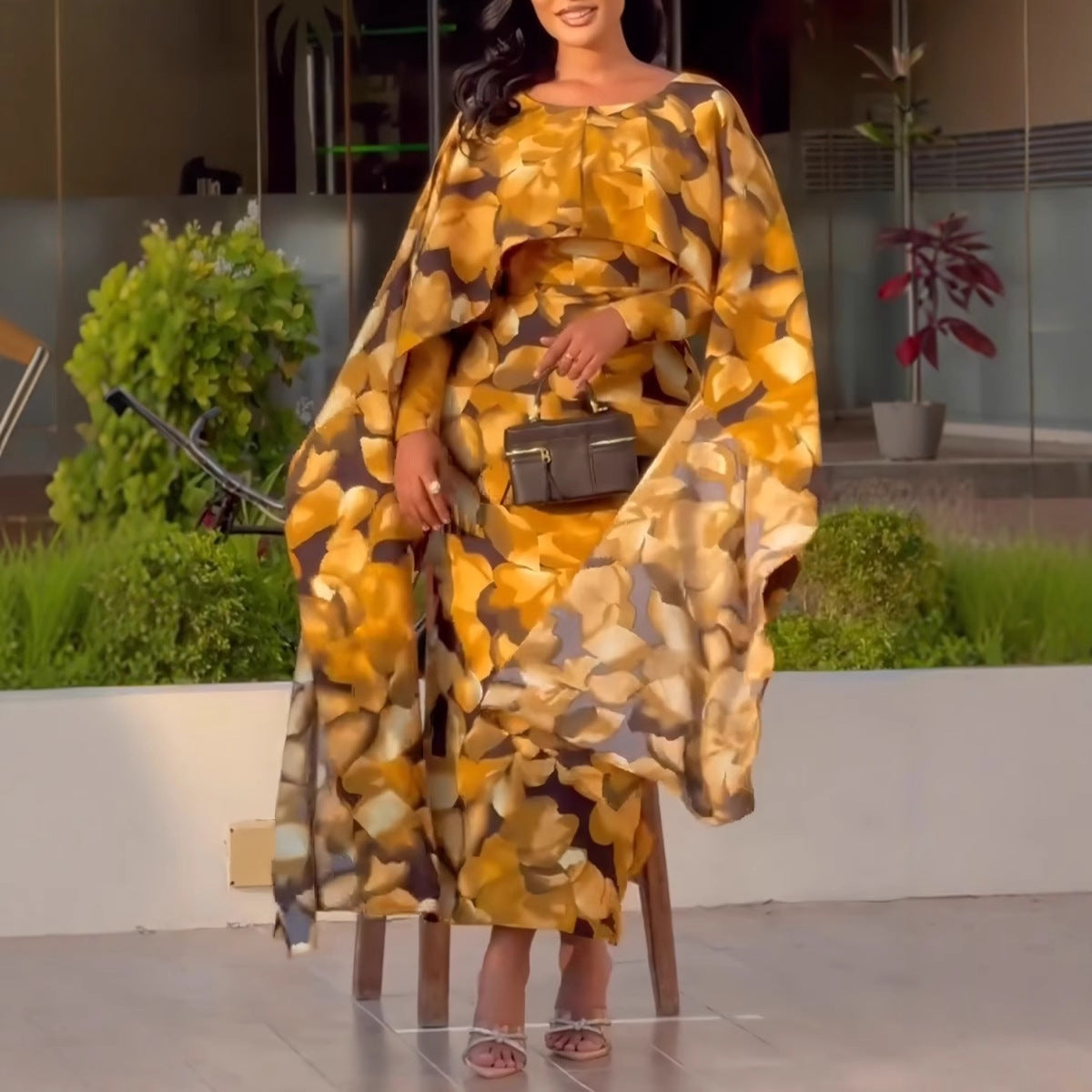 Women printed round neck split bodycon dress