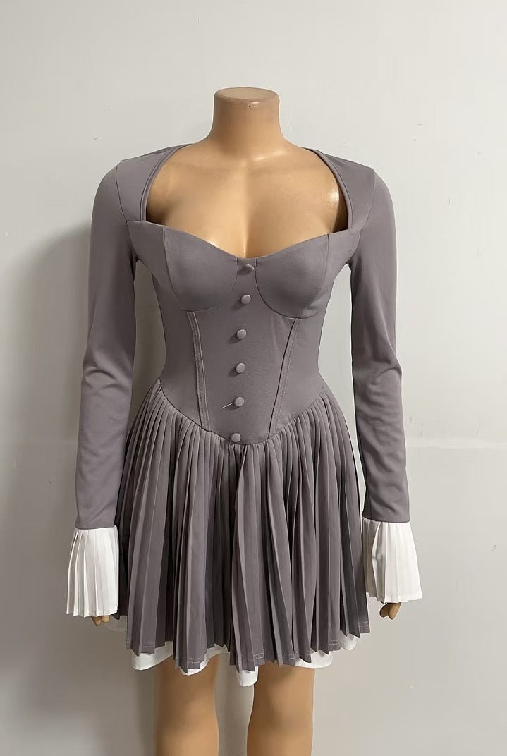 Women color matching button sexy pleated dress 3