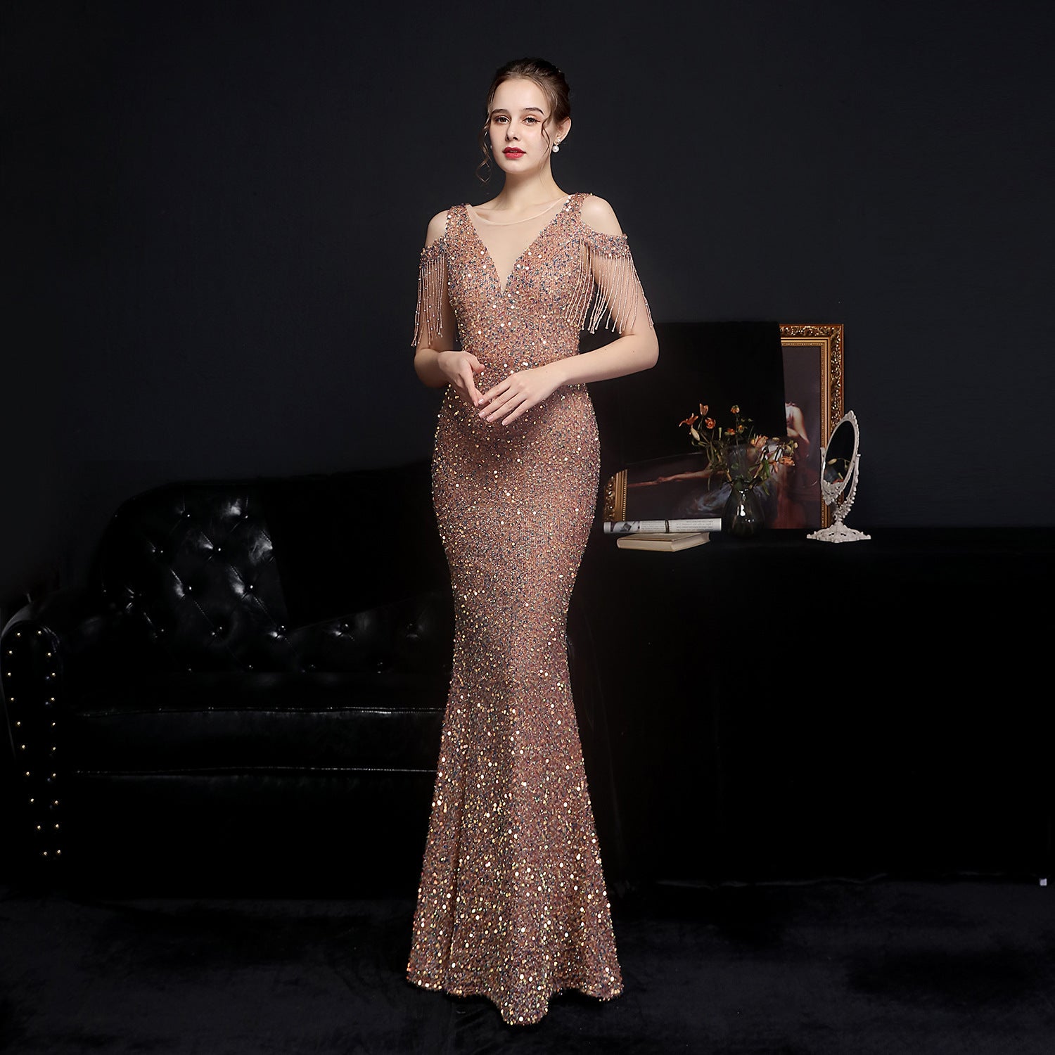 Summer formal sequin cutout shoulder tassel evening dress 5