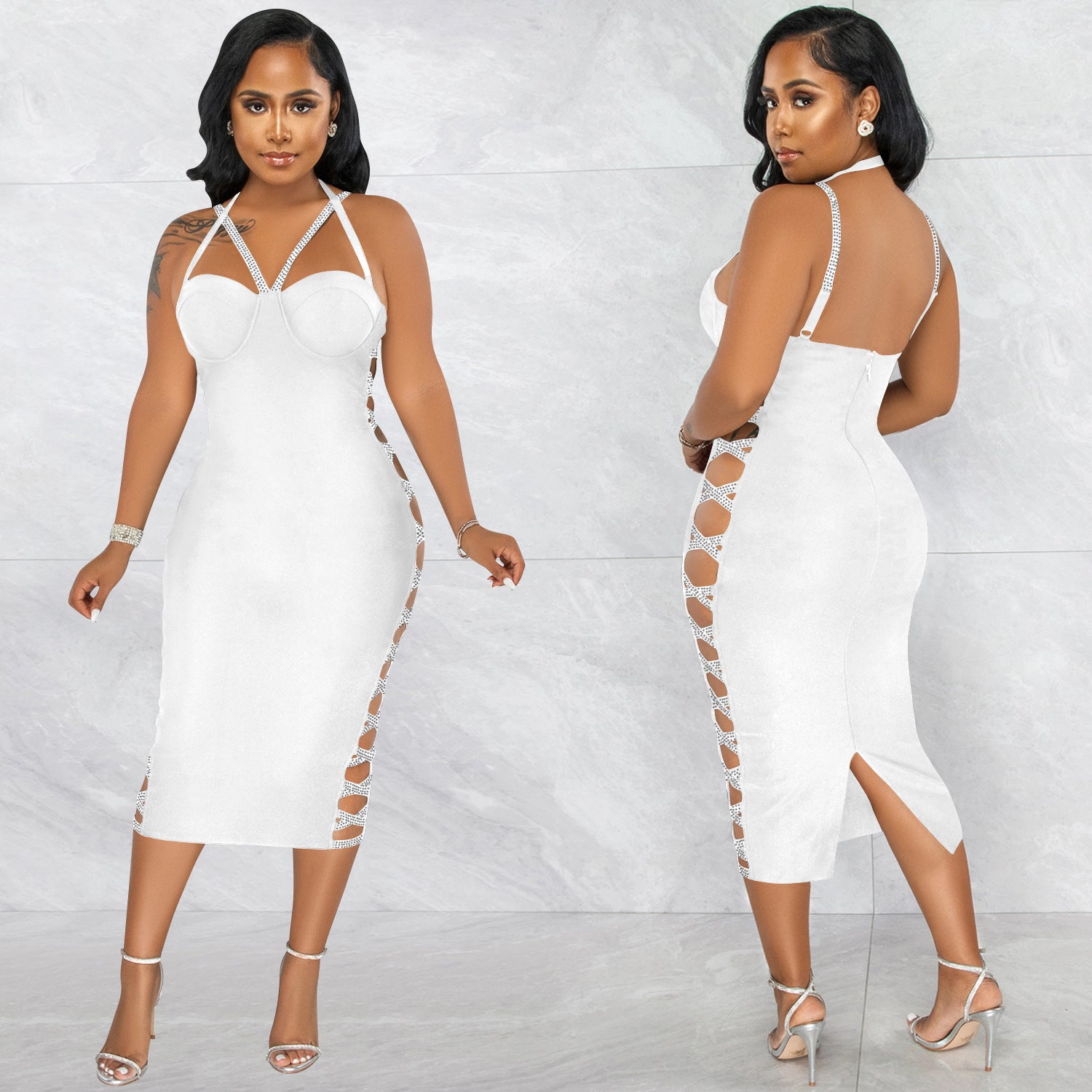 Solid color sexy suspenders hollow zipper long skirt slit dress women 5