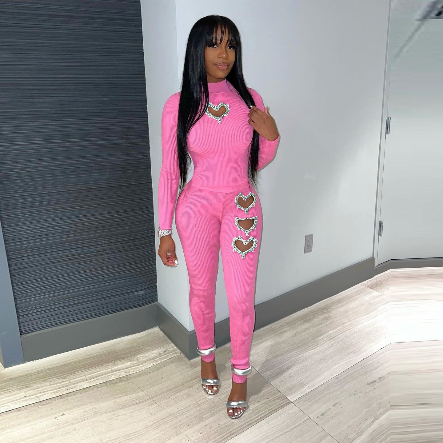 Women's Heart-Shaped Beaded Solid Color Two Piece Pants Set 7