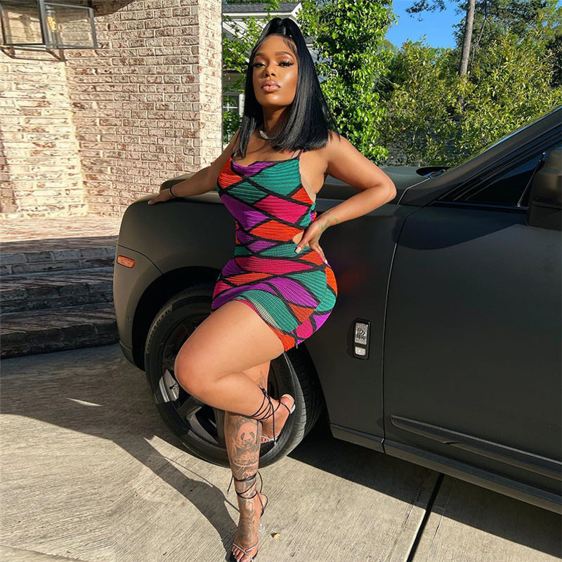 Spring Summer Sleeveless Diamond Multi-Color Straps Low Back Slim Dress 4