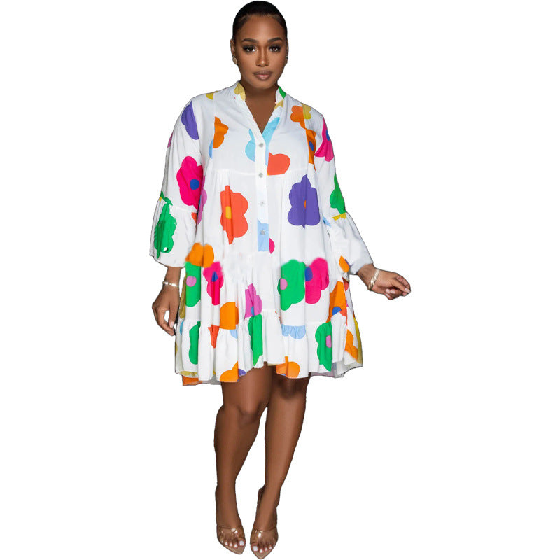 Ladies Printed V-neck Long Sleeve Dress 6