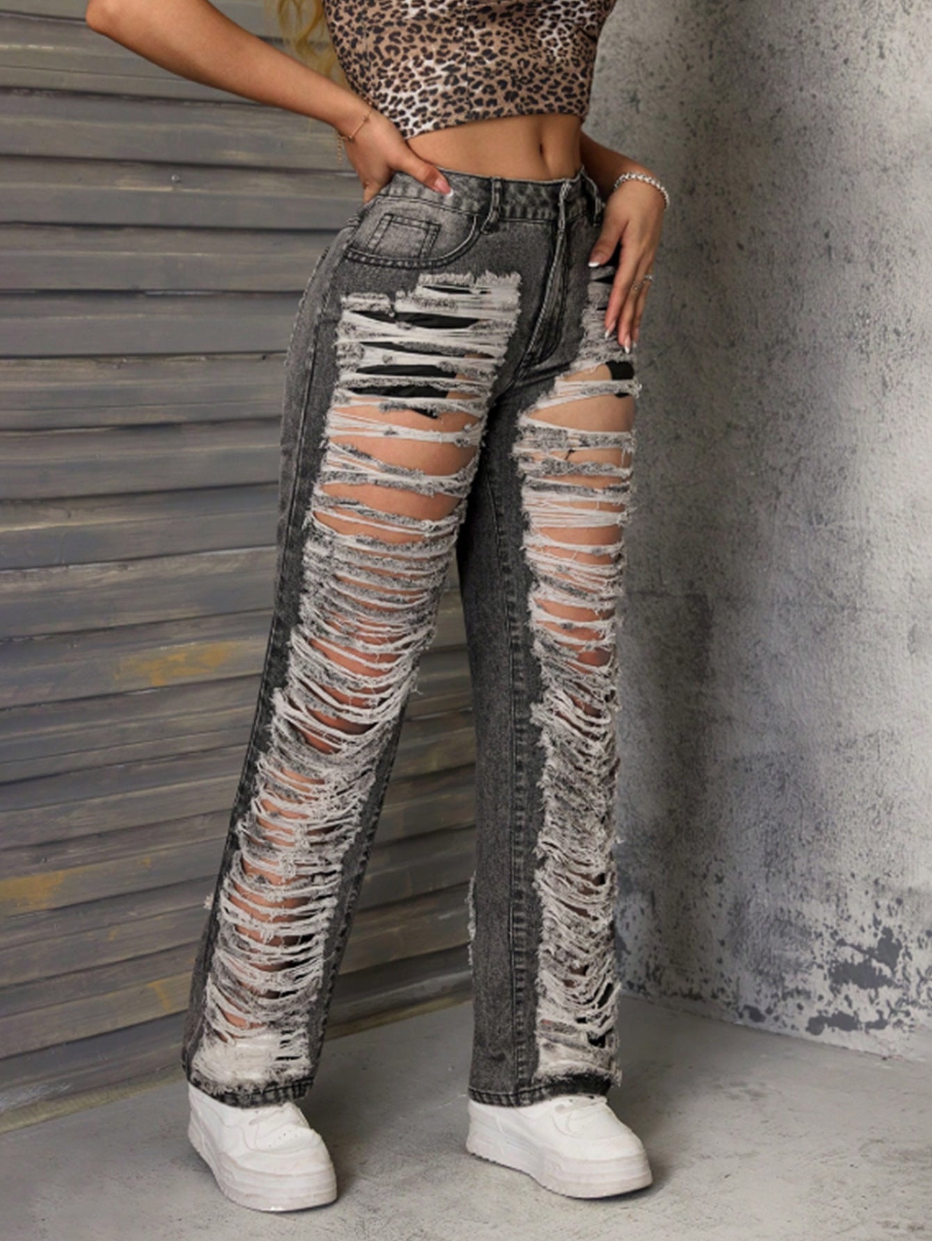 High-Waist Straight Loose Women's Ripped Denim Pants 5