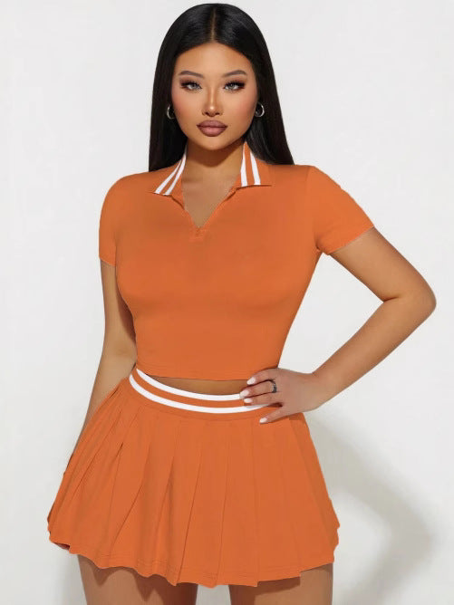 Women's Summer Skirt & Turndown Collar Short-Sleeve Top Two-Piece Set 10